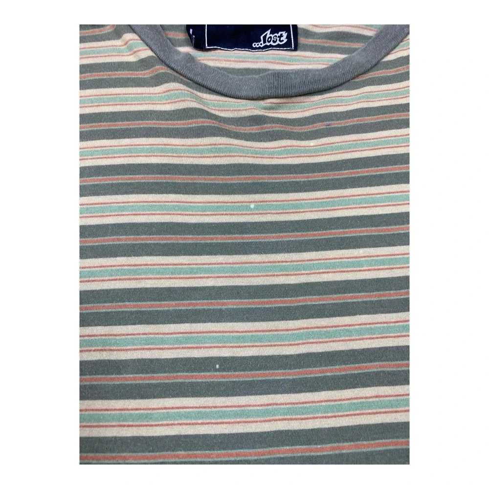 VTG‎ Lost T-Shirt Men LARGE Green Stripe Logo Embroidered Streetwear Skater Y2K